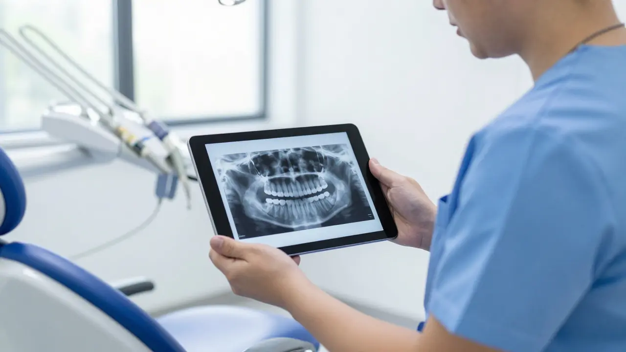 Ortodont s digitálním rentgenem pro diagnostiku zubů