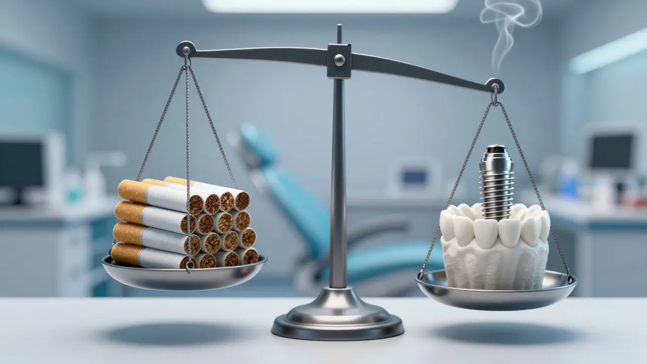 Váhy s cigaretami a zubním implantátem znázorňující rizika