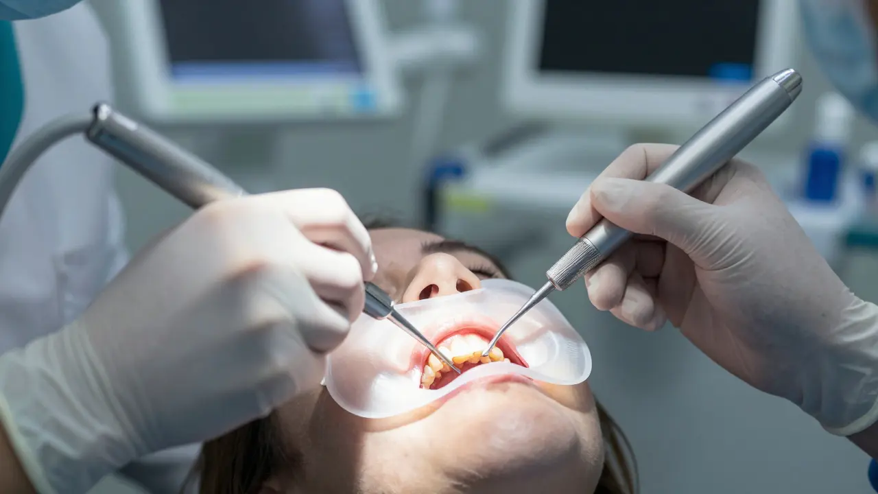 Zubní lékař provádí ošetření kořenového kanálku s použitím speciálního nástroje