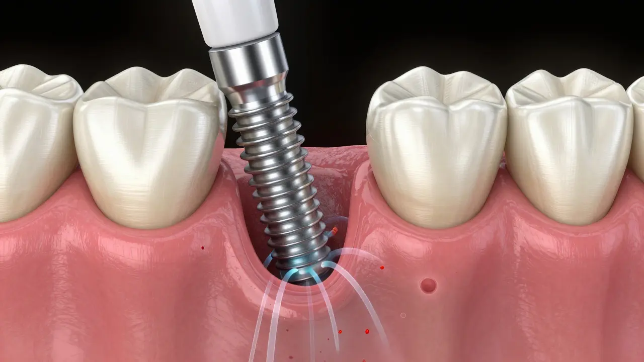 3D ilustrace čištění implantátu irigátorem a odstranění plaku z dásenní kapsy