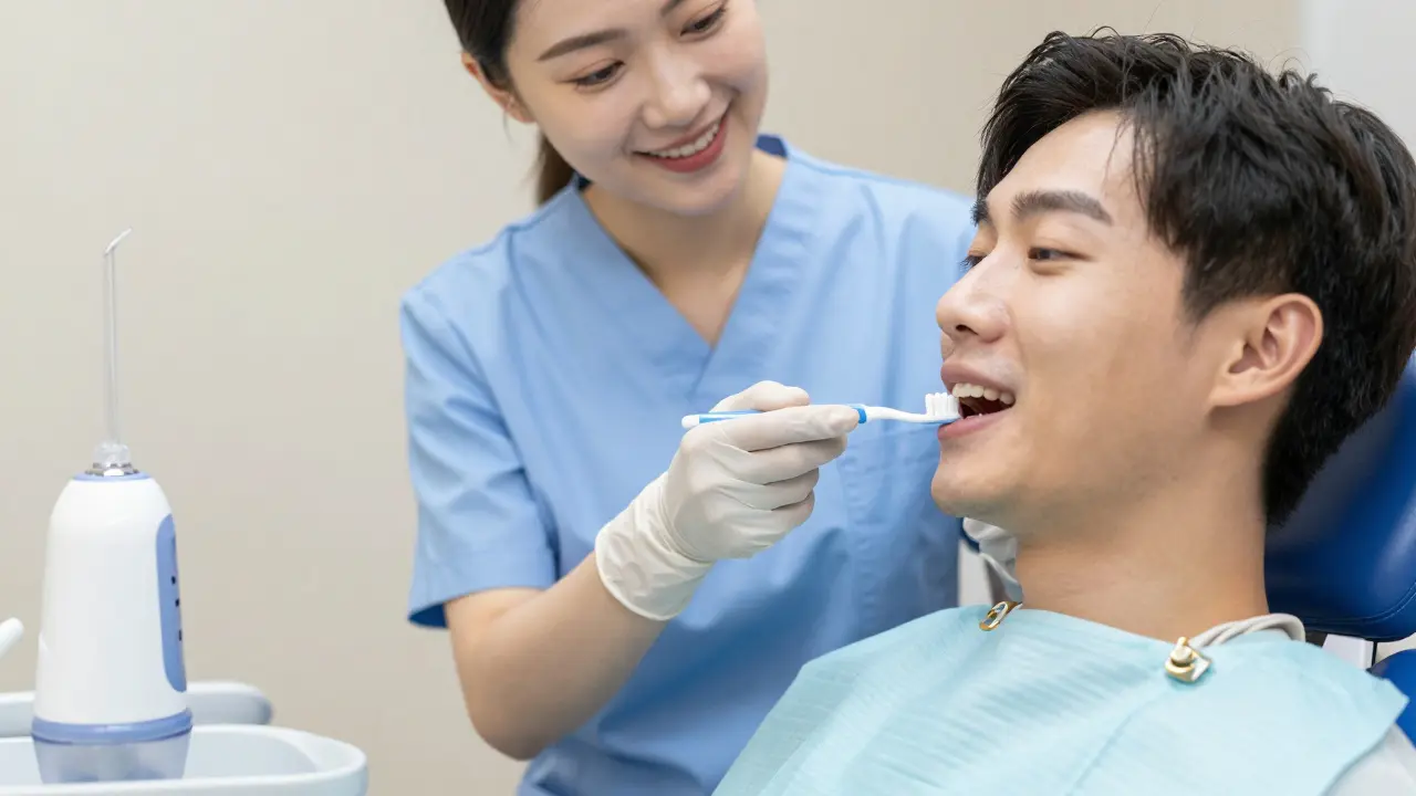 Dentální hygienista ukazuje pacientovi správnou techniku čištění zubního implantátu