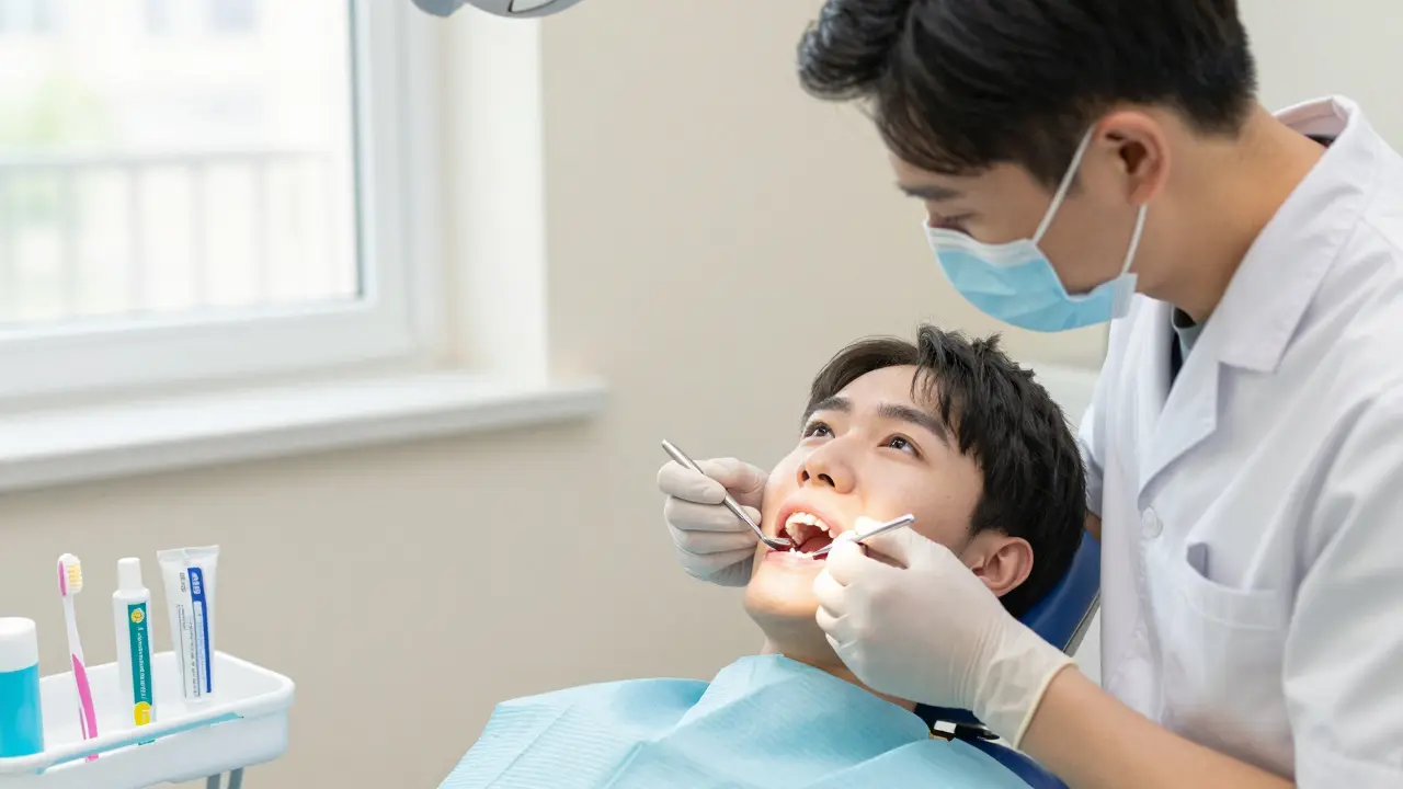 Dentista vyšetřuje pacientovy zuby v profesionálním a klidném prostředí