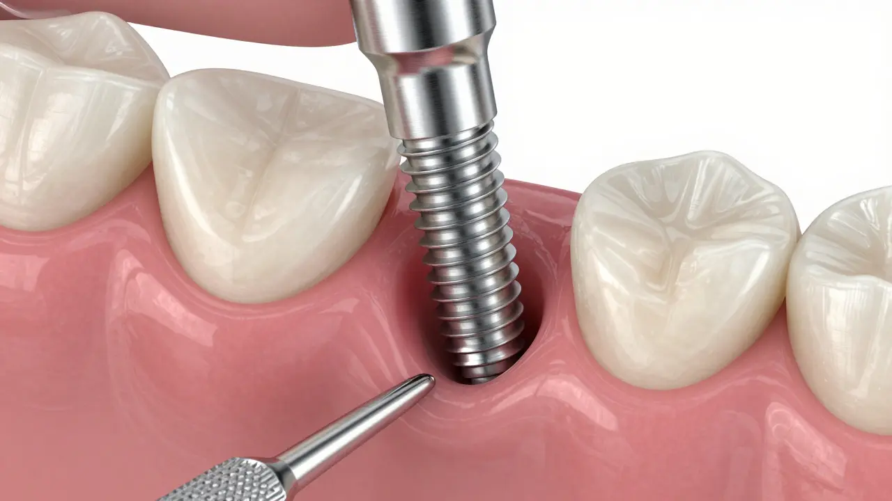 Detailní pohled na umísťování titanového implantátu do čelistní kosti.