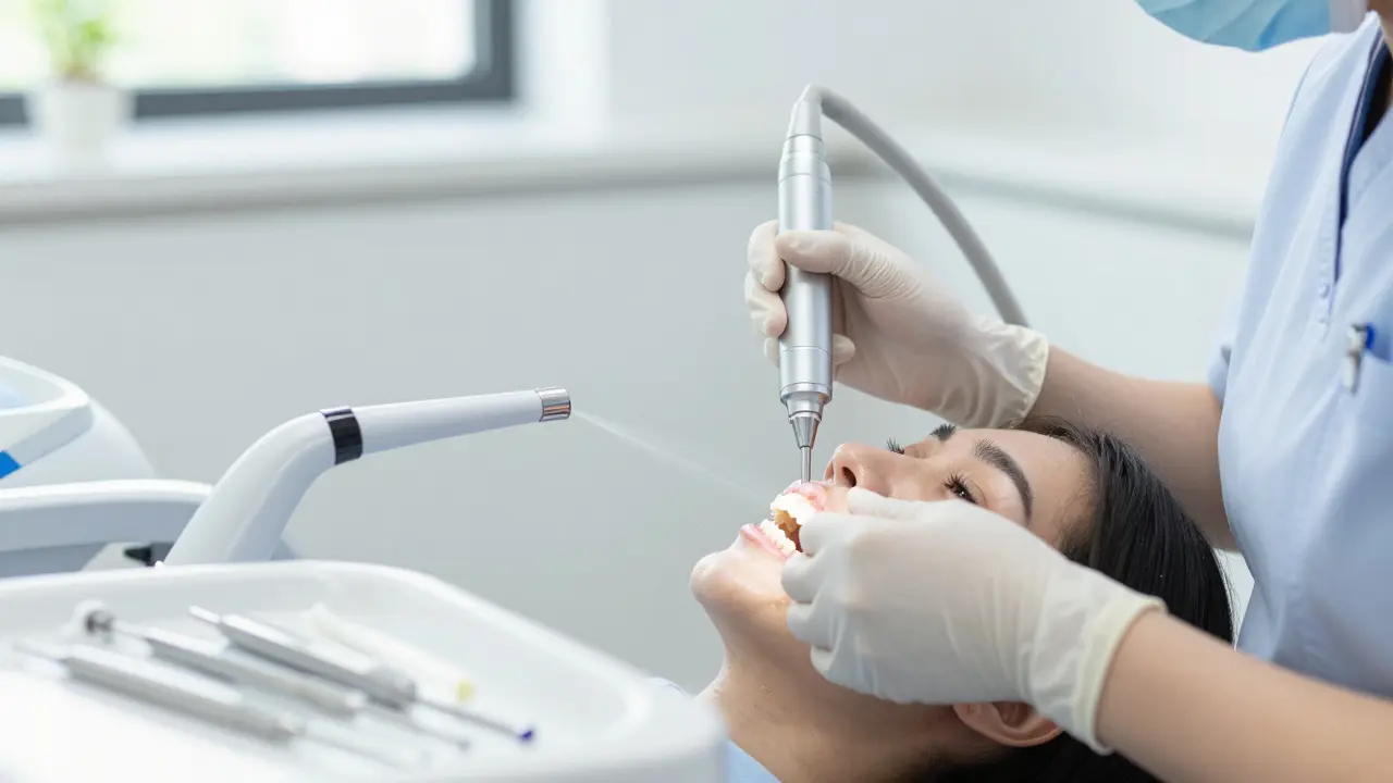 Hygienistka používá ultrazvukový škrabák pro bezpečné čištění