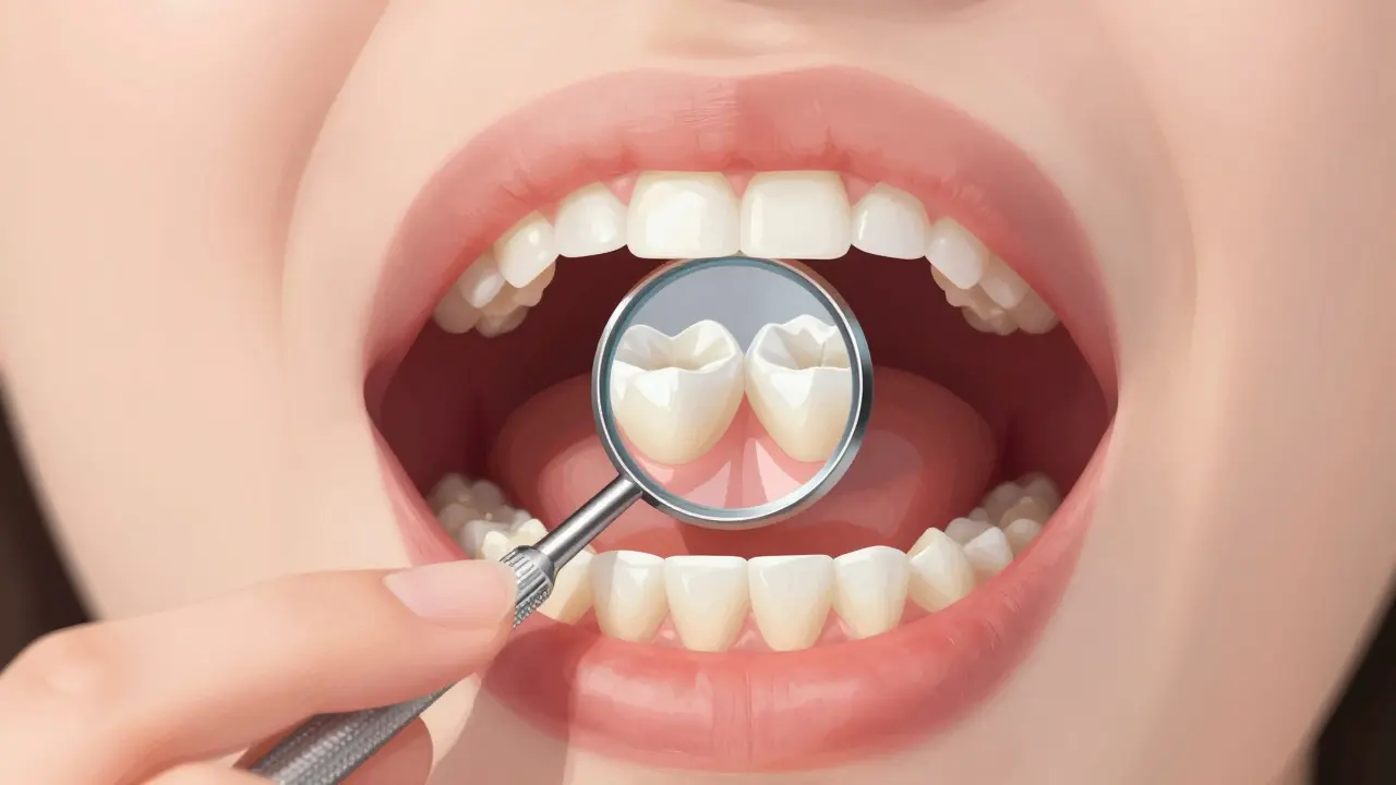 Ruka drží dentální zrcátko v ústech pro kontrolu zadních zubů
