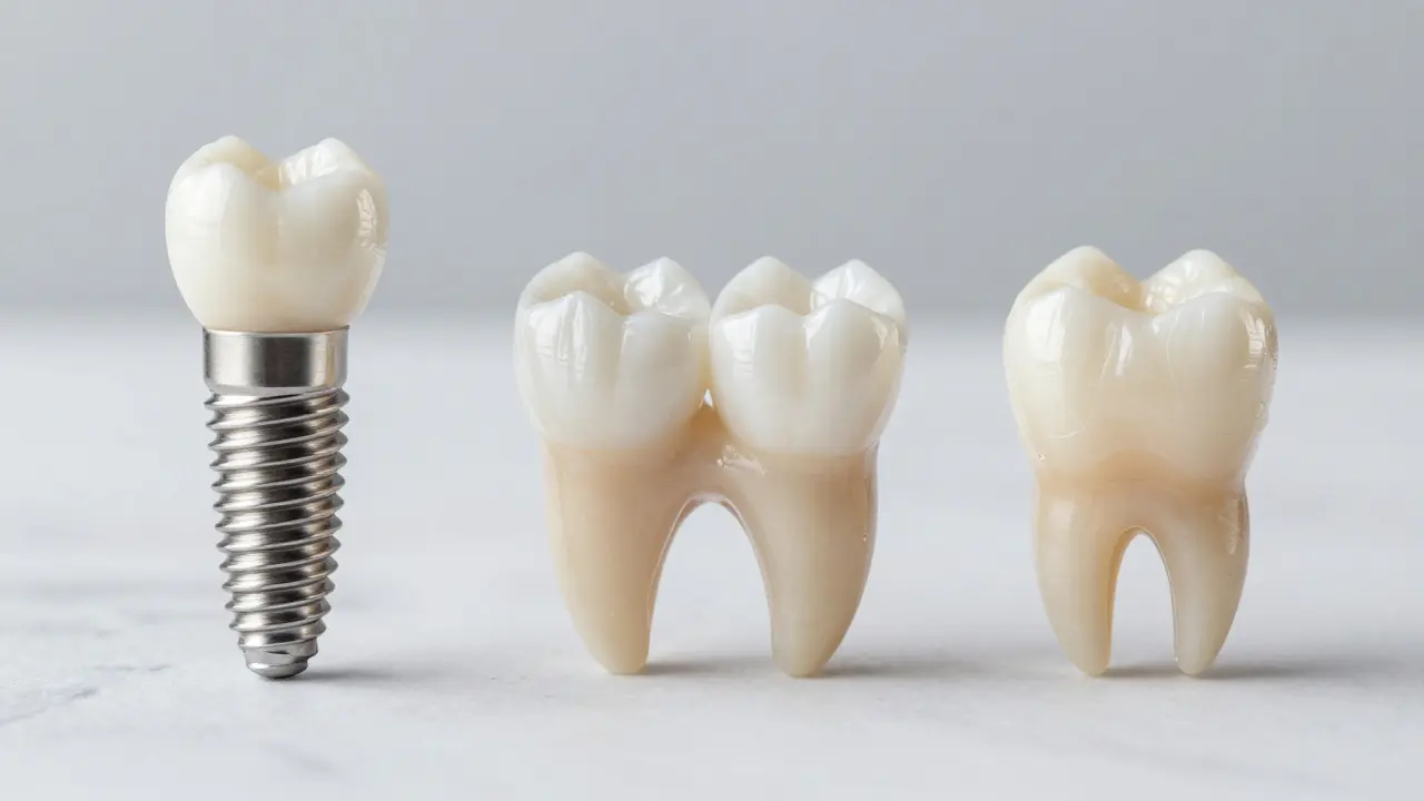 Srovnání tří metod náhrady zuba: implantát, most a kompozitní výplň.