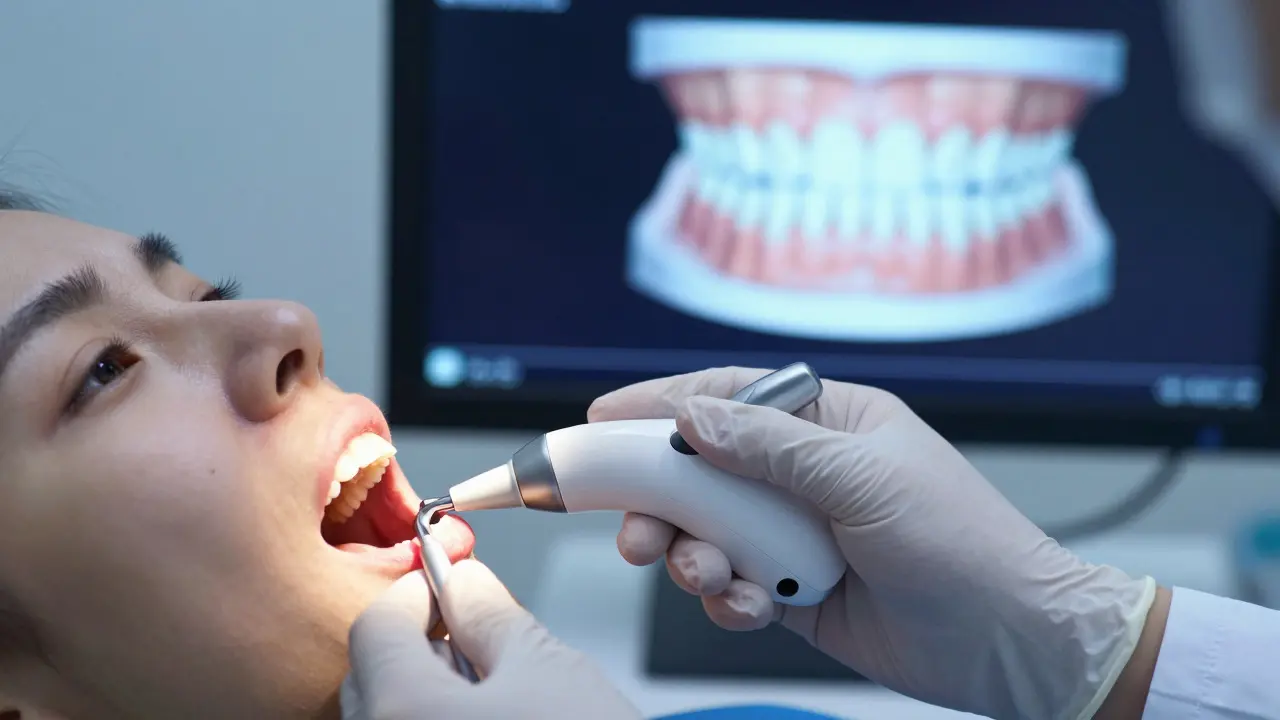 Ortodont používá digitální skener na vyšetření zubů