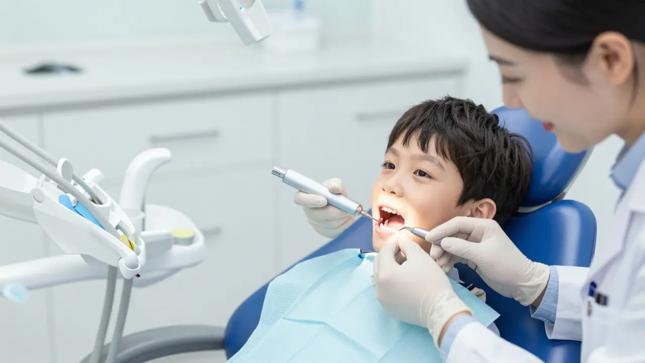 Pediatrický stomatolog čistí zuby dítěte ultrazvukem