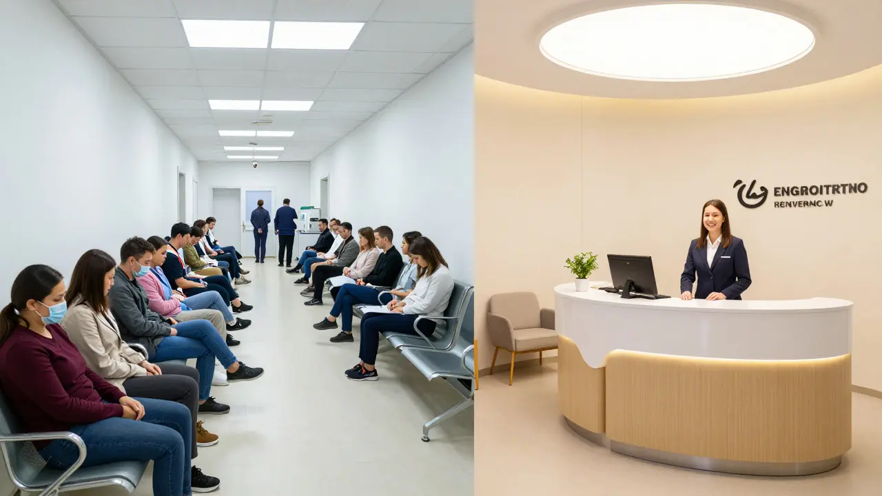 Porovnání čekárny státní nemocnice a soukromé kliniky