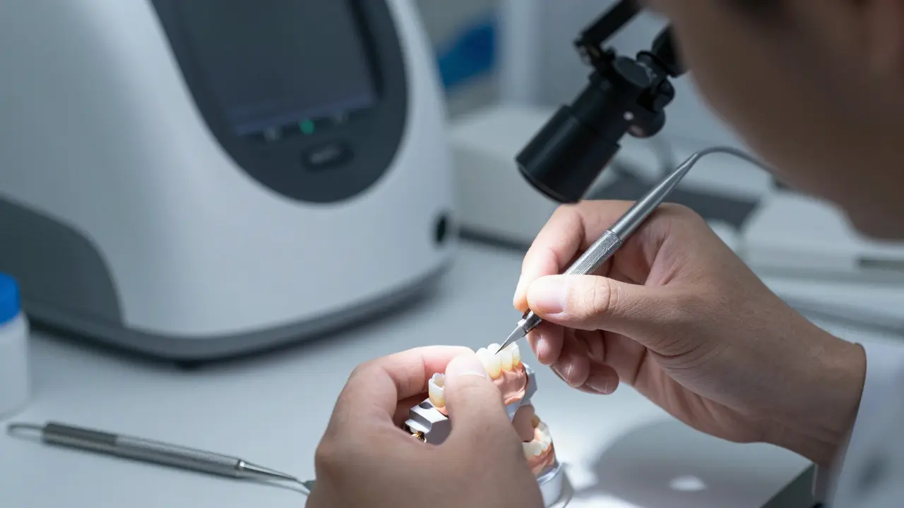 Technik v laboratoři dokončuje tenkou keramickou destičku pro zuby