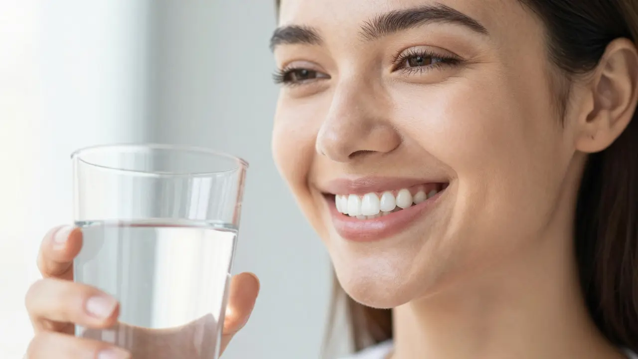 Žena se zářivým bílým úsměvem držící sklenici vody po bělení