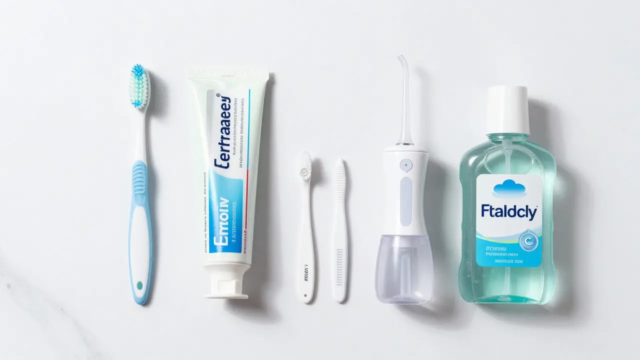 Hygienické potřeby pro čištění rovnátek na bílém podkladu