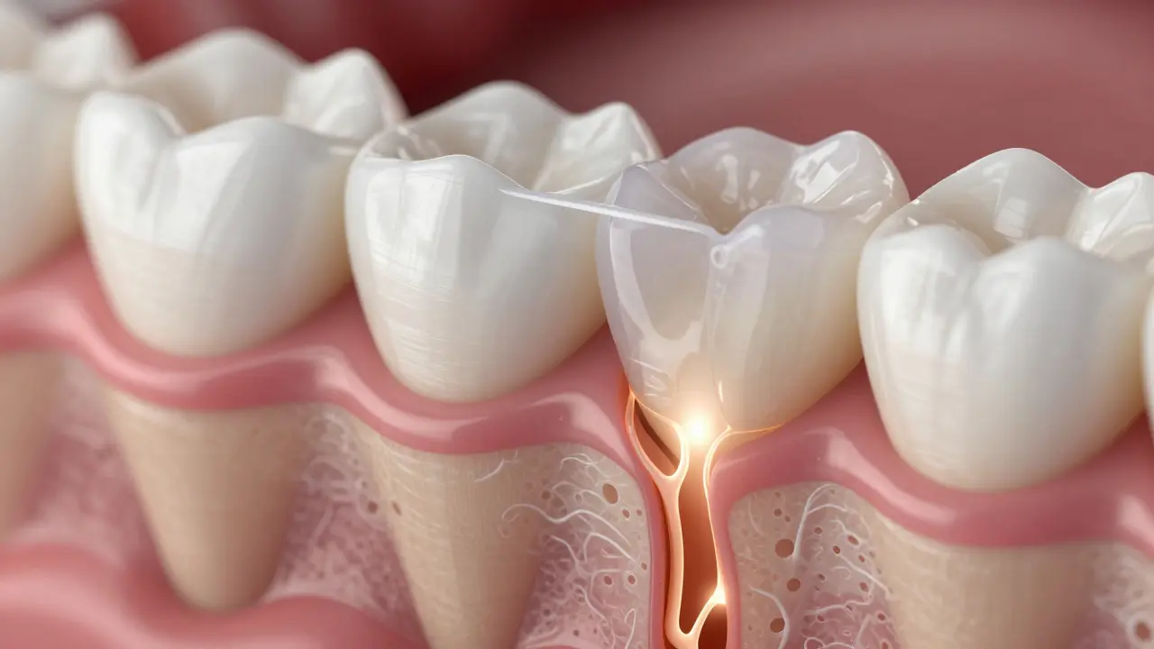 Makro pohled na zubní fazetu a citlivý dentin pod sklovinou