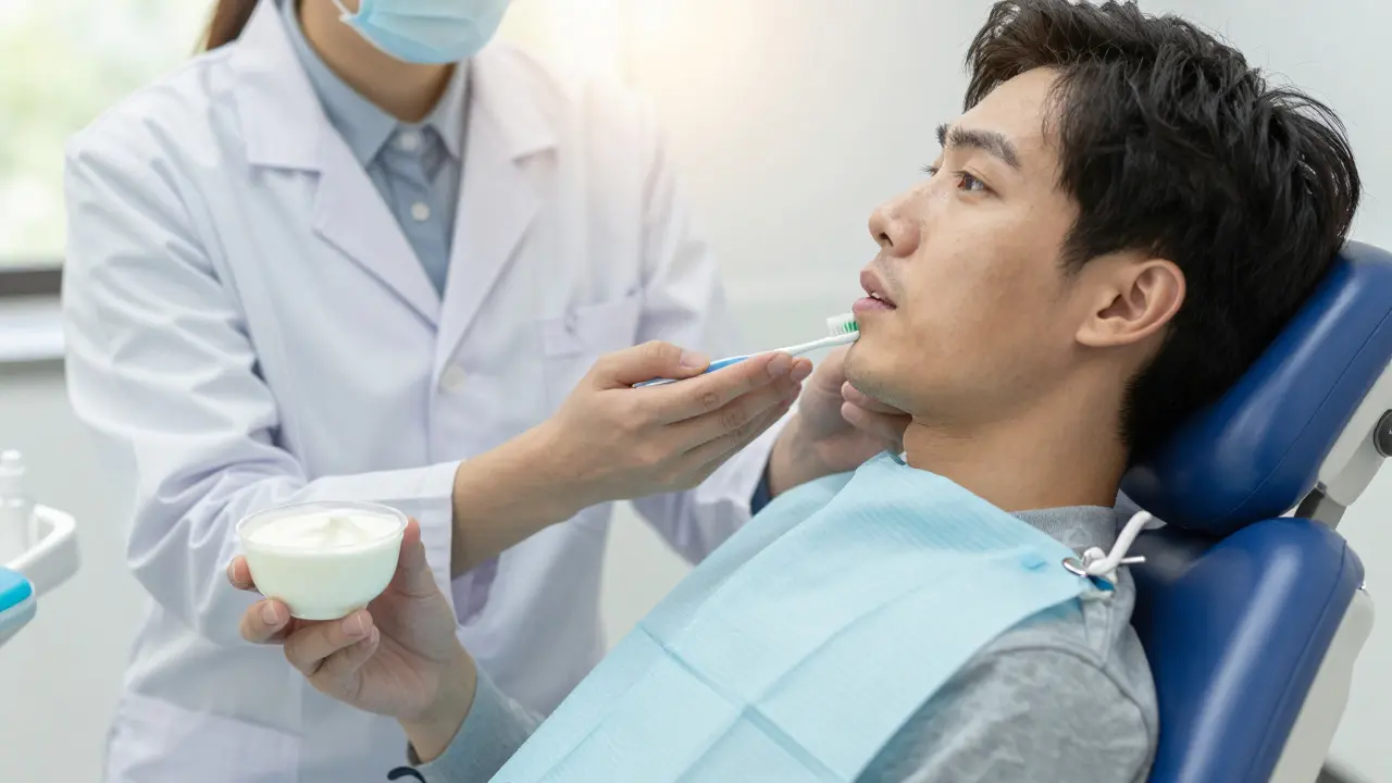 Pacient v zubní ambulanci konzultuje dietu po operaci s dentistou