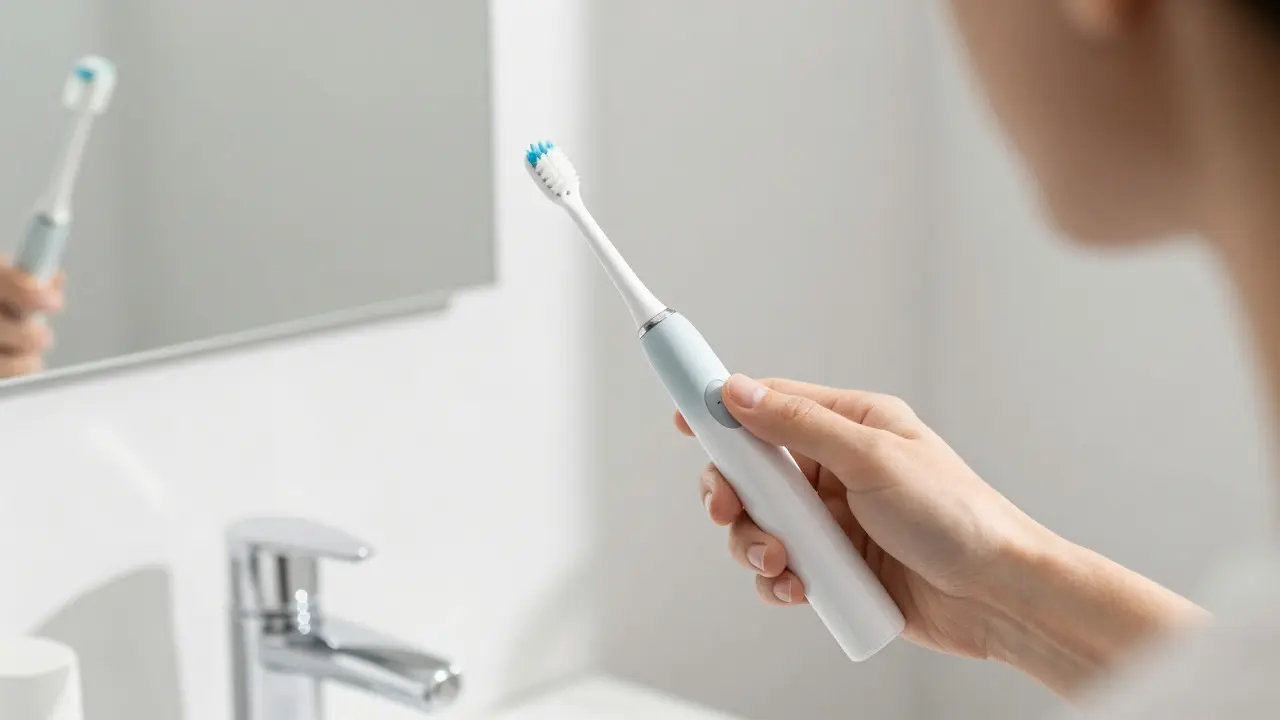 Ruka drží elektrický kartáček pod úhlem 45 stupňů u dásní