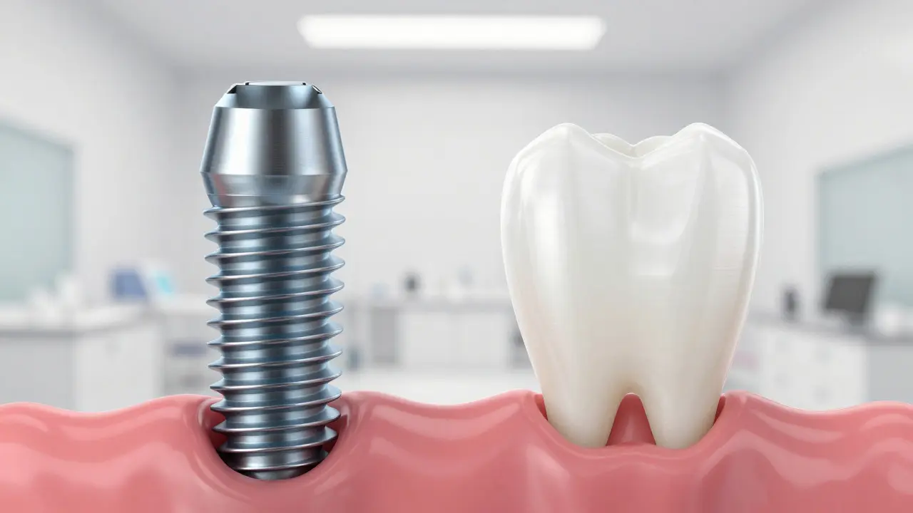 Srovnání titanového a keramického zubního implantátu vedle sebe