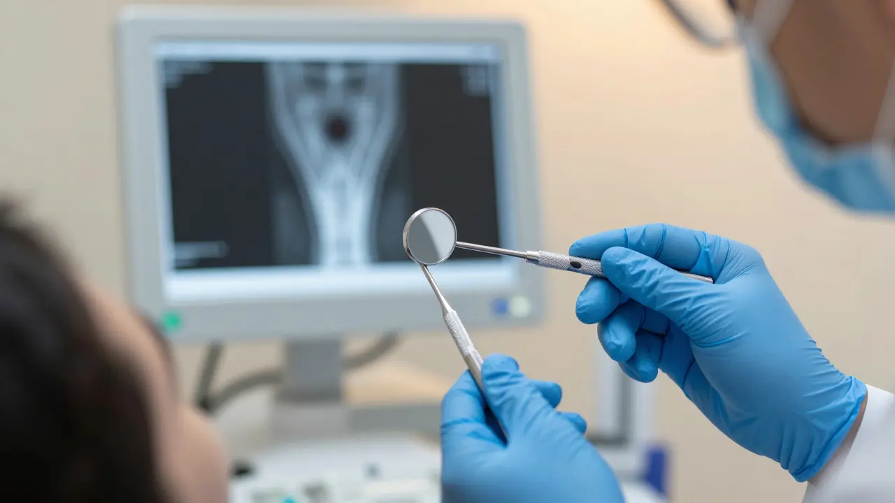 Stomatolog diagnostikuje zub pomocí zrcátka a rentgenu