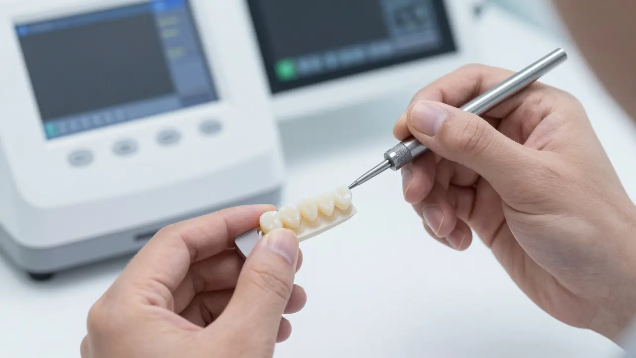 Technik v laboratoři lešící keramické zubní korunky