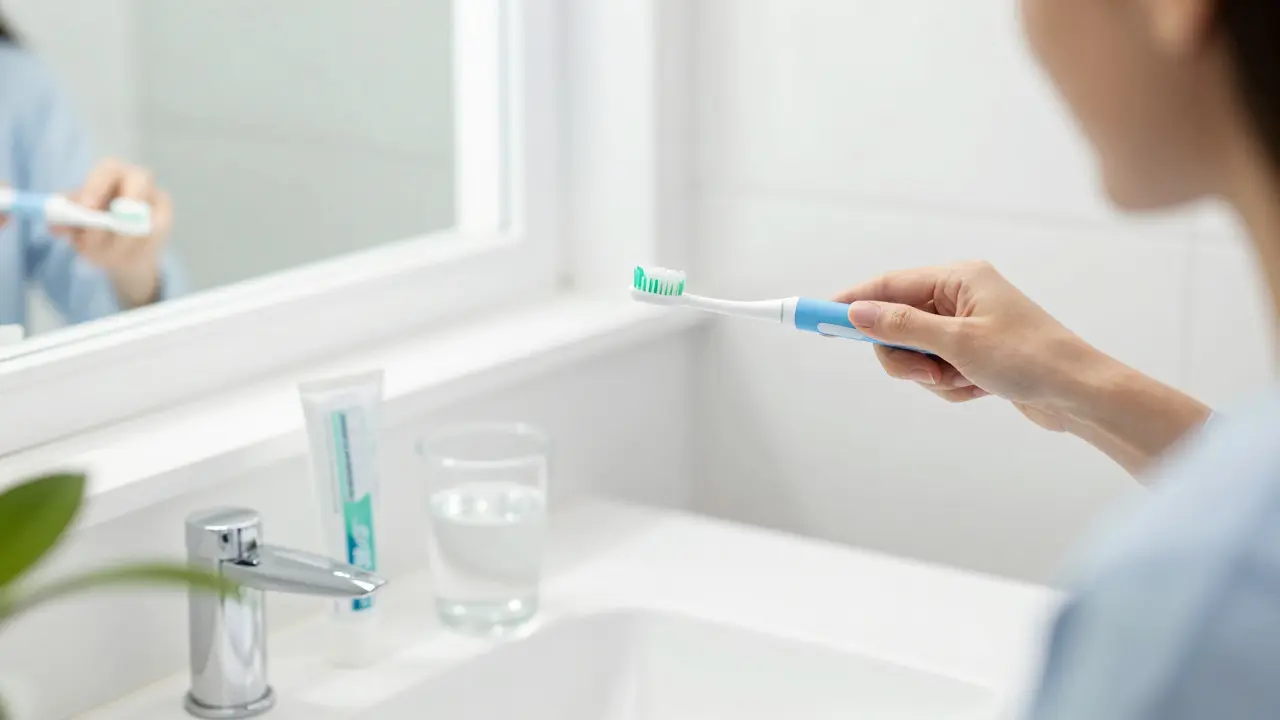 Žena čistí zuby jemným elektrickým kartáčkem v jasné koupelně