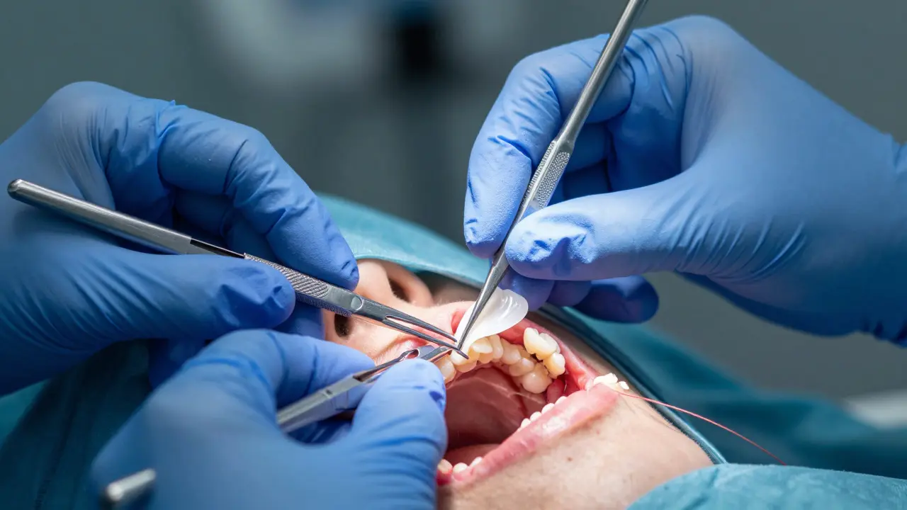 Zubní chirurg aplikuje hojící kapnu na místo implantátu