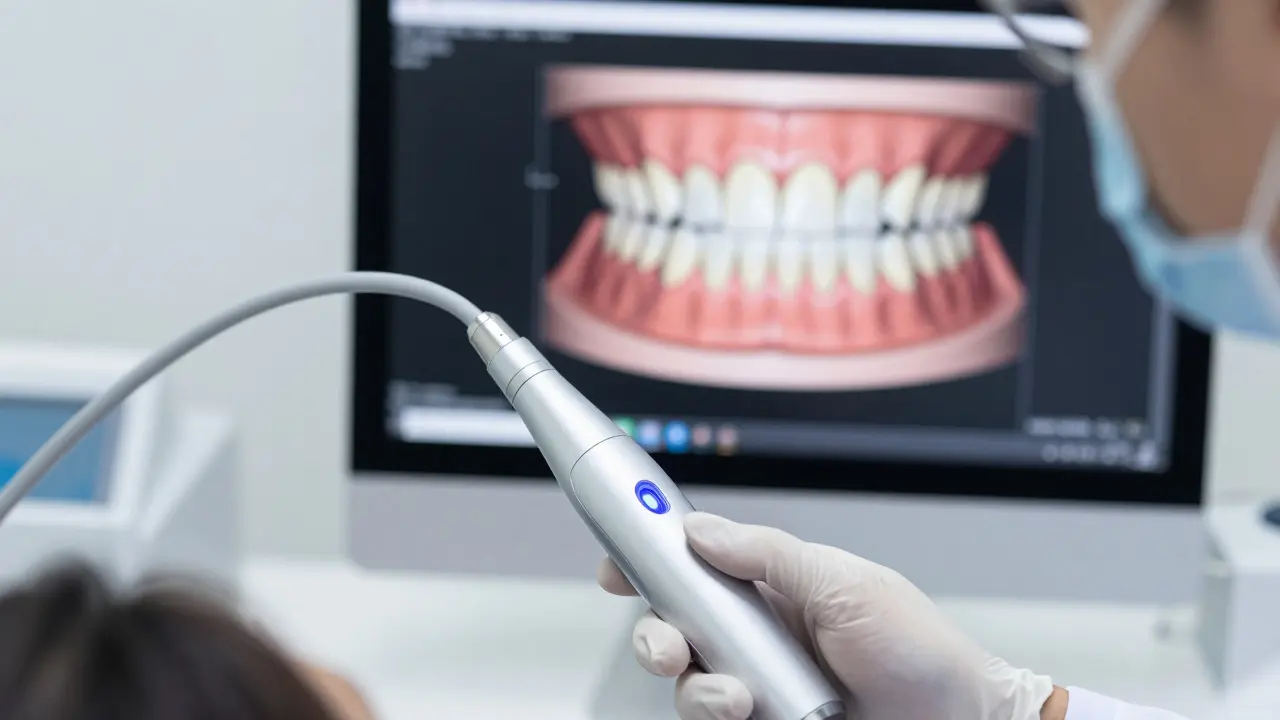 Zubní lékař používá digitální skener pro plánování úsměvu