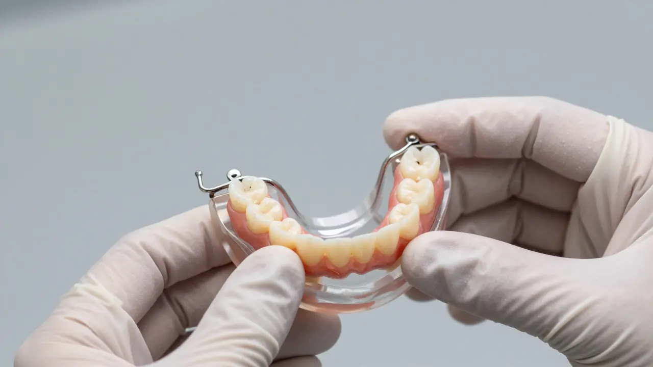 Zubní protéza držená rukama v laboratoři při kontrole kvality