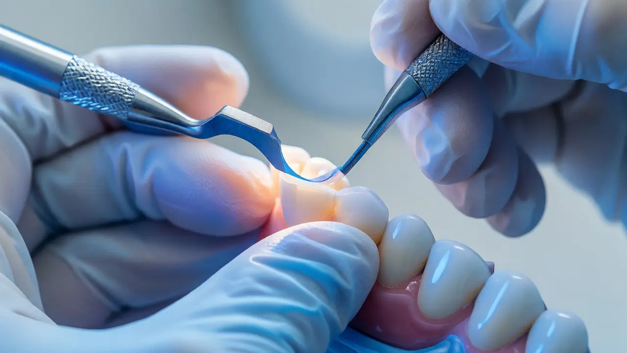 Dentista aplikuje tenkou keramickou fazetu na zub