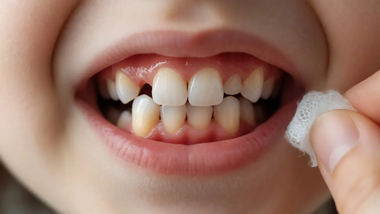 Detailní pohled na kolísající mléčný zub a nový stálý zub