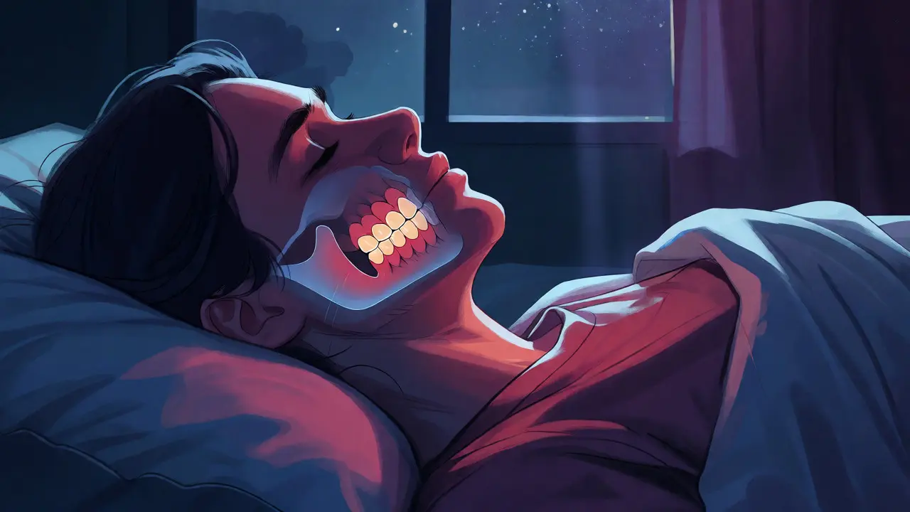 Ilustrace spící osoby se svírajícími čelistmi kvůli bruxismu