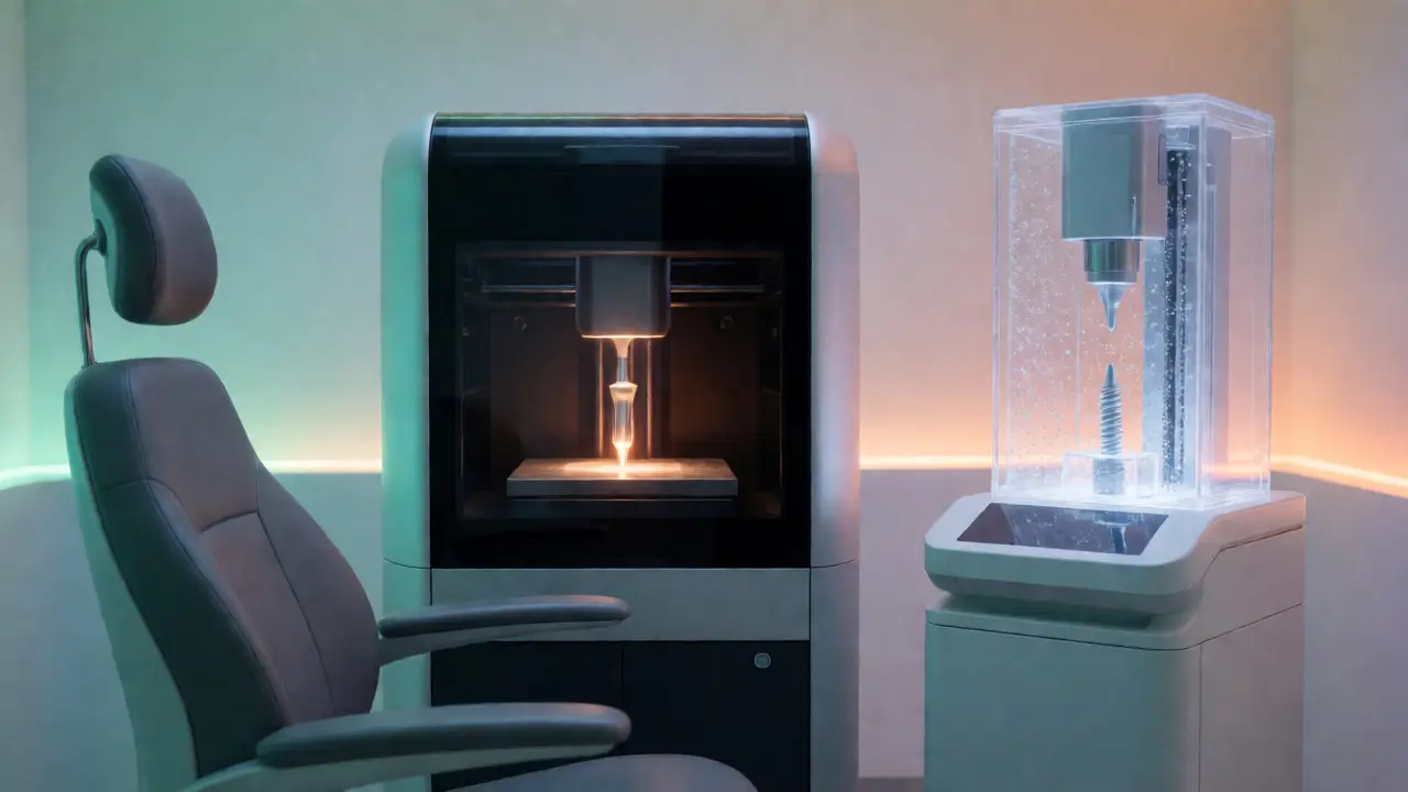 Moderní 3D tiskárna kovů vyrábějící implantát na míru v klinickém prostředí.