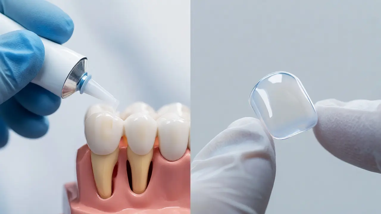 Porovnání materiálů pro estetickou stomatologii: kompozitní bonding a keramické fasety.