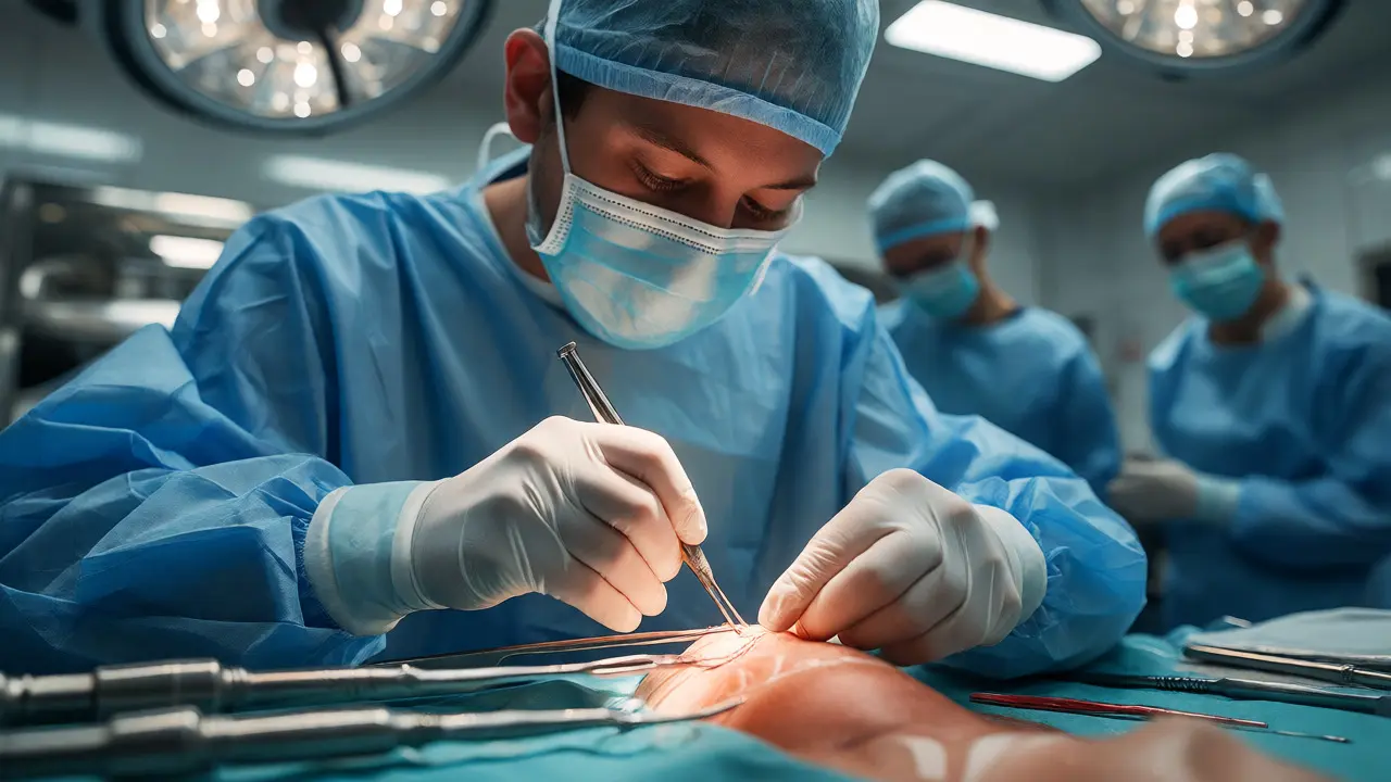 Surgeon performs precise suturing in a modern operating room