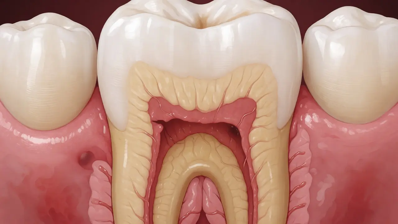 Anatomický řez zubem ukazující sklovinu a dentin