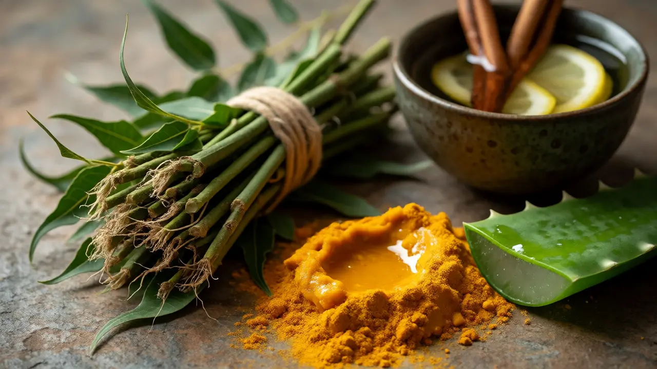 Ayurvédské ingredience proti plaku: neem, kurkuma, aloe vera a citronová voda.