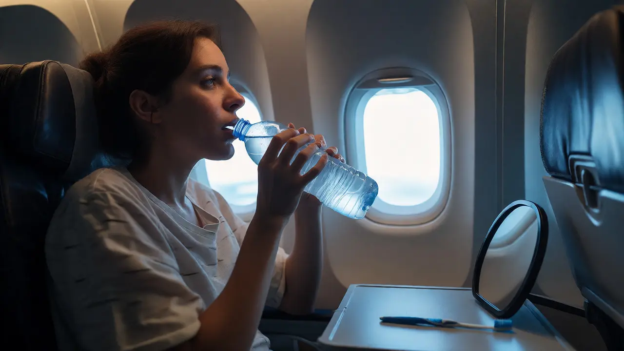 Cestující pije vodu v letadle pro hydrataci ústní dutiny