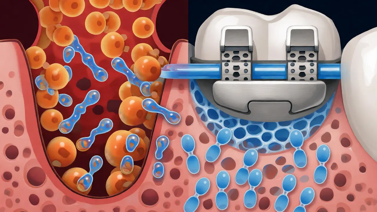 Ilustrace demineralizace skloviny pod ortodontickým bracketem