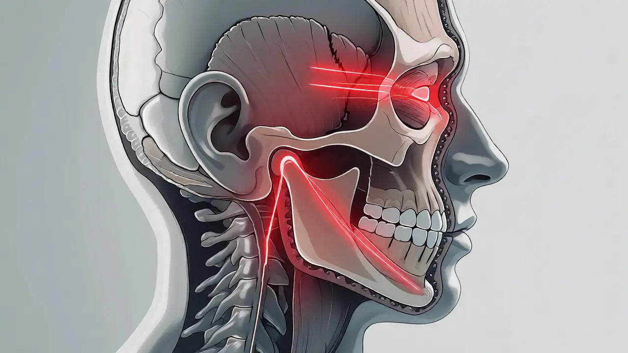Ilustrace napětí čelistního kloubu a svalů způsobeného špatným skusem