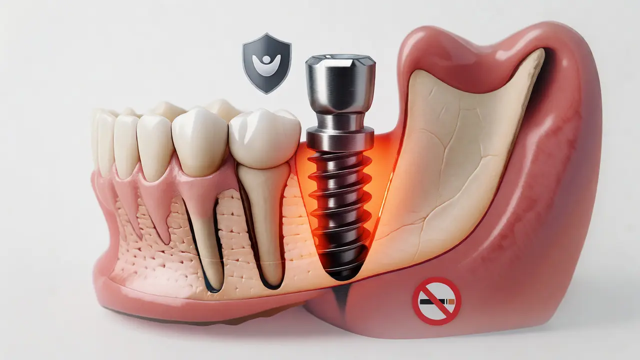 Ilustrace titanového implantátu srůstajícího s čelistní kostí