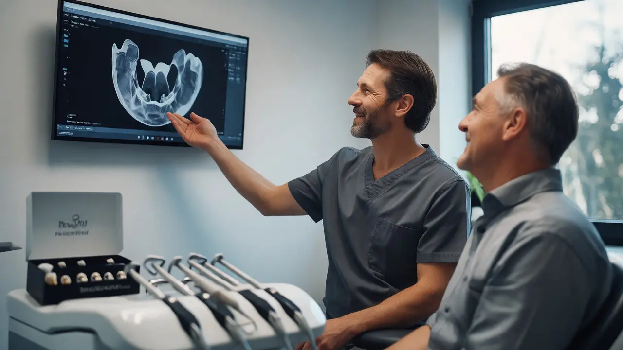 Konzultace pacienta se stomatologem o implantátech
