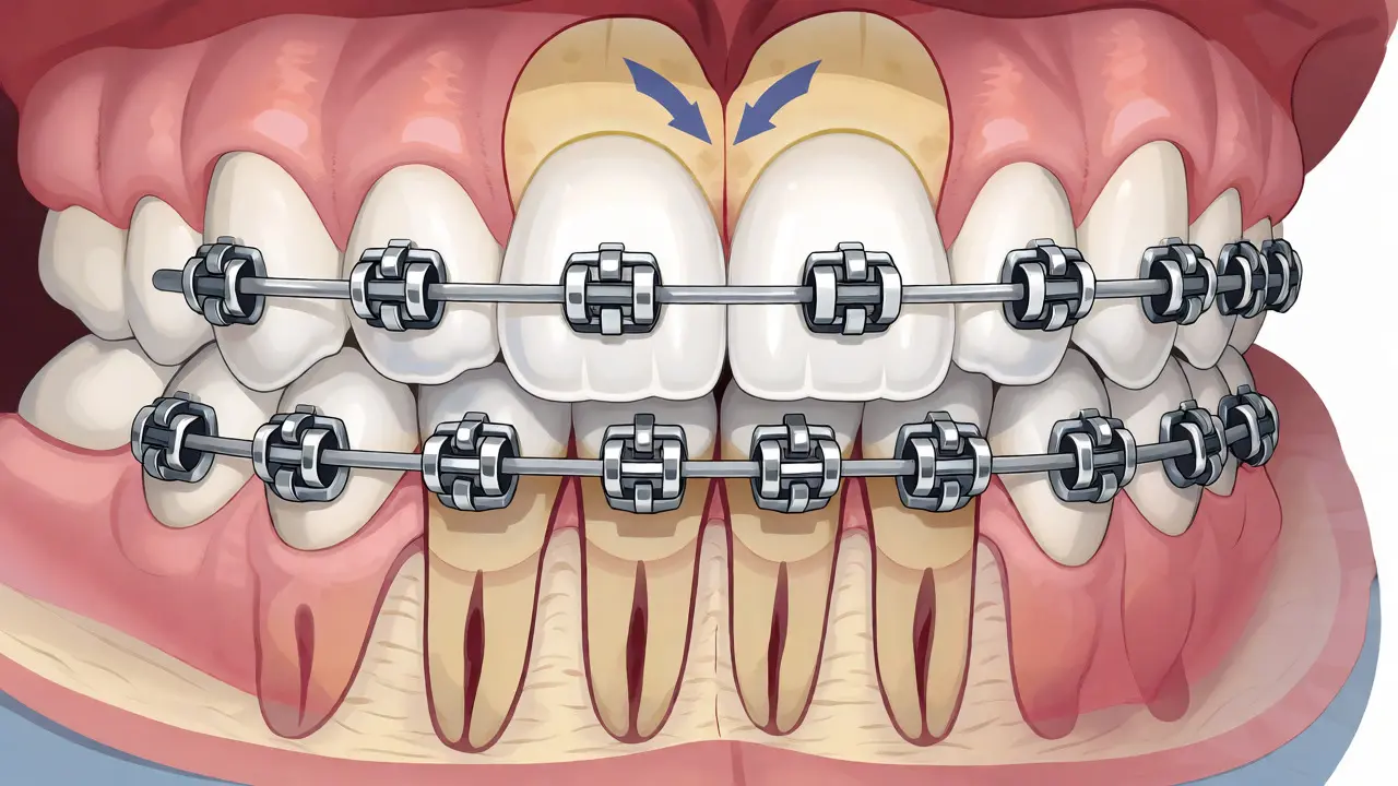 Medicínská ilustrace korekce předkusu pomocí ortodontického aparátu