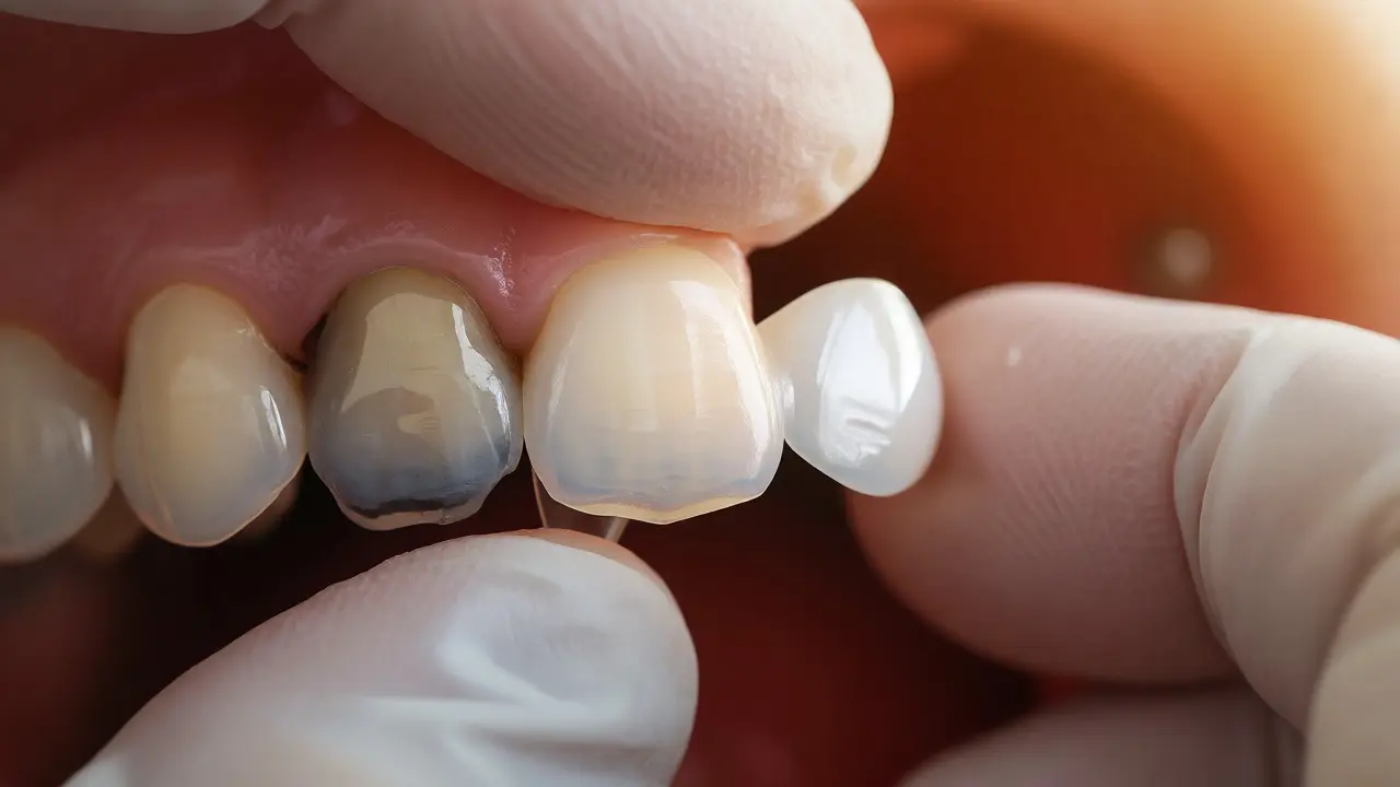 Nasazování porcelánové facety na zbarvený zub